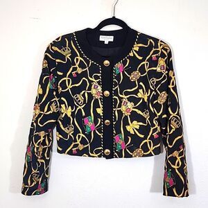 Ann Taylor vintage crown and ribbon print black quilted cropped jacket sz 6